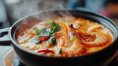 Detailed view of a steaming bowl of Tom Yum Goong, showcasing the bright red chili, shrimp, and fragrant broth in a cozy settingの素材