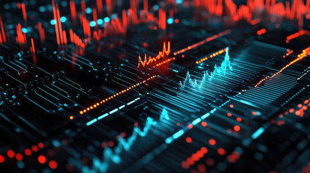 Detailed view of a digital interface showing electrical wave patterns and data, with a focus on signal analysis toolsの素材