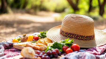 Detailed view of a traditional straw hat with a wide brim, placed on a picnic blanket with summer foods and a sunny background -の素材