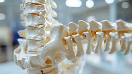 Detailed view of a human spine model, focusing on the vertebrae and alignment, medical conceptの素材