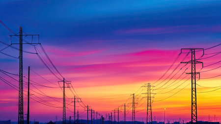 Silhouette of electric power poles at sunset, with colorful sky and power lines stretching across -の素材