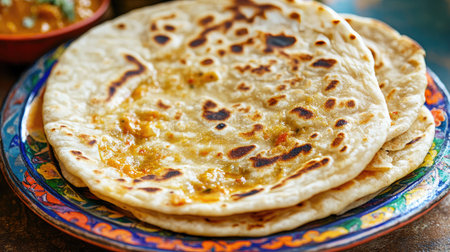Detailed view of roti with a golden-brown crust and soft inside, served with traditional curry on a colorful plateの素材