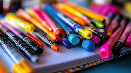Detailed view of colorful pens and markers scattered on a sketchbook, with a variety of vibrant colors and artistic toolsの素材
