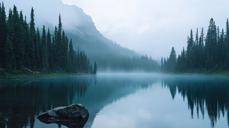 Tranquil blue mountain lake surrounded by trees, with mist rising in the early morning -の素材
