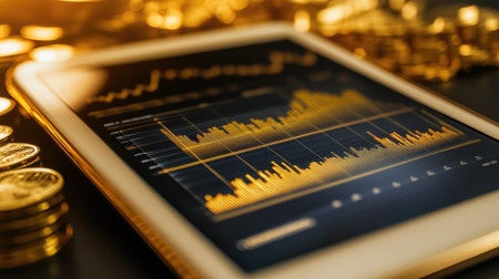 Detailed shot of a gold market analysis chart with clear trends and financial metrics displayed on a tablet screenの素材