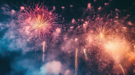 Smoke trails from fireworks lighting up the night sky, adding to the festive celebration atmosphere. -の素材