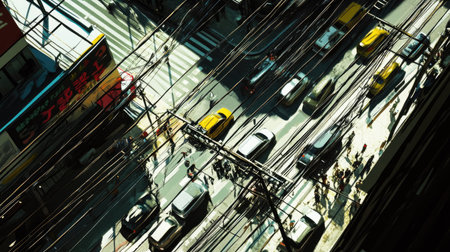 High-angle view of power poles crisscrossing a busy city street, with cars and people below -の素材