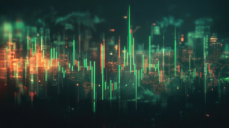 Stock market graph with green and red candlesticks, world map in the background -の素材