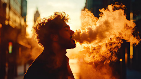 Silhouette of a person exhaling a thick cloud of smoke, set against a moody, backlit urban landscape.の素材