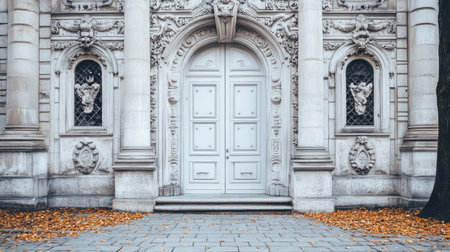 A stunning white iron door surrounded by ornate architectural details, set against a backdrop of fallen leaves, creating a serene and inviting entrance.の素材