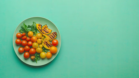 A beautifully arranged plate with fresh tomatoes and grilled vegetables against a vibrant green background, perfect for showcasing summer meals or healthy eating.の素材