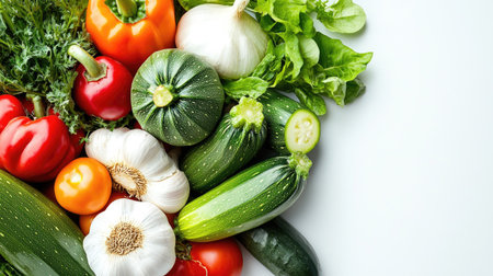 A vibrant arrangement of fresh, colorful vegetables perfect for a healthy meal. Featuring zucchini, bell peppers, garlic, and lettuce, ideal for culinary uses.の素材