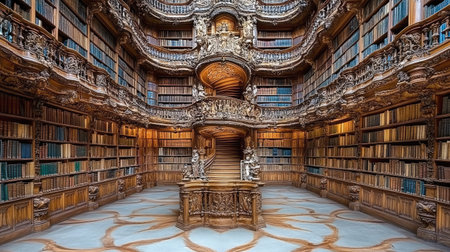 Explore a breathtaking interior of a grand library featuring an ornate wooden staircase and shelves filled with books, creating an inspiring space for knowledge.の素材