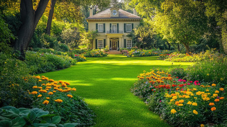 A tranquil garden view depicting a vibrant flower bed and a charming home, surrounded by lush greenery, perfect for nature lovers and peaceful retreats.の素材