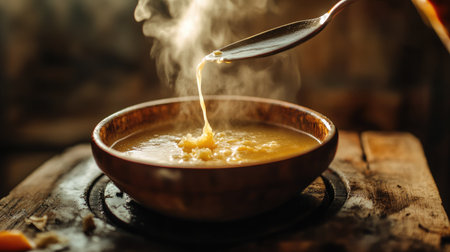 Hot soup being ladled into a bowl, steam swirling up from the rich broth, rustic wooden tableの素材