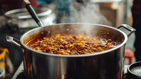 Detailed shot of a large stock pot with a hearty soup inside, with steam rising and kitchen utensils visibleの素材