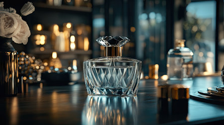 Detailed shot of a perfume bottle with a modern design, surrounded by accessories and a sophisticated settingの素材