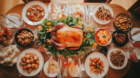 A beautifully arranged dining table showcasing a festive feast with a roast turkey as the centerpiece, surrounded by various delicious dishes and vibrant garnishes for an inviting celebration.の素材