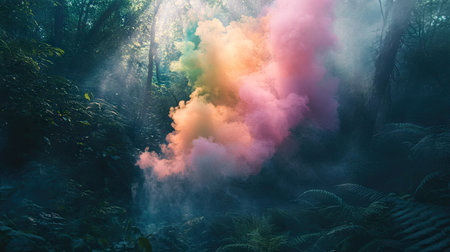 A mystical scene of colored smoke drifting through a dense forest, creating a dreamlike atmosphereの素材