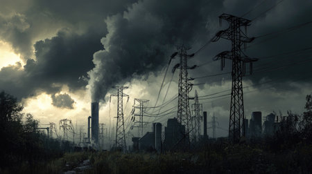 Industrial scene with multiple power poles and transformers, dark clouds in the backgroundの素材