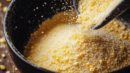 Detailed shot of cornmeal being poured into a mixing bowl, with the texture and color of the ingredient prominently featuredの素材