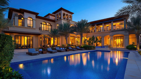 A captivating outdoor pool at a luxurious villa, beautifully lit at sunset, offering a serene escape with elegant design and stunning surroundings.の素材