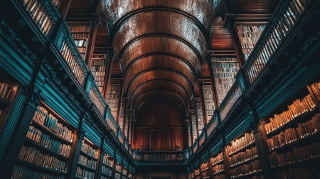 Explore the magnificent ornate ceiling in this grand library, showcasing intricate woodwork and captivating design, creating a tranquil atmosphere for knowledge seekers.の素材