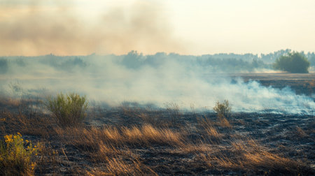 Close-up of smoke drifting across a rural landscape from a controlled burn, with a blurred horizon and vegetation -の素材