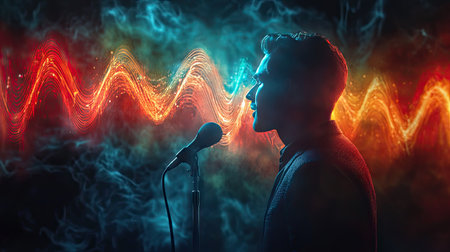 A stylish portrait of a handsome man singing into a microphone, surrounded by vibrant sound waves. The dramatic lighting and colorful background create an artistic atmosphere perfect for music-related projects.の素材