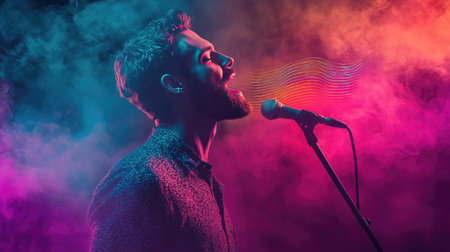 A vibrant scene of a handsome man singing passionately into a microphone, surrounded by colorful smoke lights in a lively cafe atmosphere, capturing the essence of joy and creativity.の素材