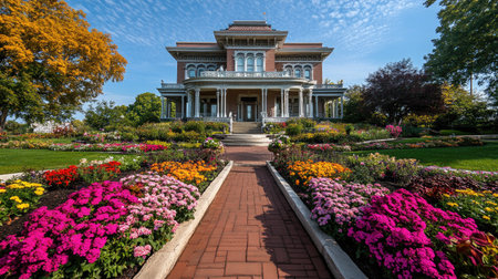 A stunning view of a historic mansion surrounded by vibrant flowers and lush greenery, showcasing a beautiful garden pathway in Illinois. Perfect for nature enthusiasts.の素材