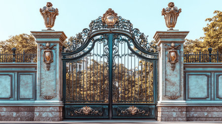 This stunning image showcases an elegant gate adorned with intricate fin details, presenting a visually appealing architectural design that enhances any garden or estate setting.の素材