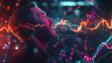 A passionate man sings into a microphone, surrounded by vibrant colors and soundwave visuals, creating an electric atmosphere that captures the essence of live performance.の素材