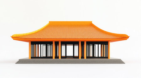 Explore this artistic mockup of a vibrant hip roof structure, showcasing modern design elements and traditional aesthetics in bright orange tones.の素材