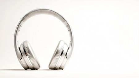 Discover modern silver wireless headphones, showcasing a sleek design on a minimalistic background. Perfect for a stylish audio experience.の素材