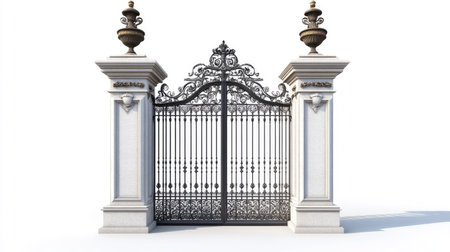 This image showcases an elegant decorative gate with ornate design, flanked by impressive columns, creating a stunning architectural entrance. Perfect for enhancing luxury properties.の素材