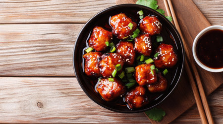 Indulge in these savory Chinese barbecue pork bites, glazed in a rich red sauce, garnished with green onions and sesame seeds, perfect for sharing.の素材
