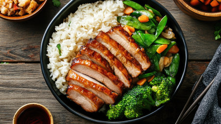 A vibrant bowl featuring juicy barbecue pork slices paired with steamed rice and fresh vegetables, including broccoli, snap peas, and carrots, offering a comforting meal option.の素材