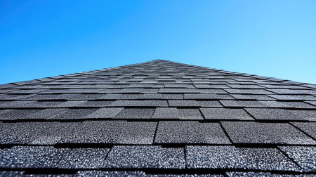 This close-up view captures the shingles on a rooftop, showcasing the texture and pattern against a vibrant blue sky. Ideal for architectural or construction themes.の素材