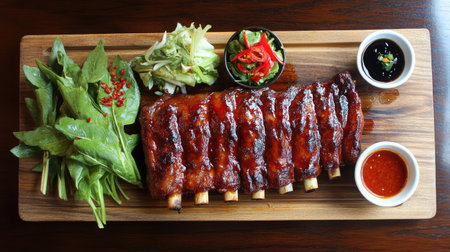 Indulge in this traditional Chinese roast barbecue pork served on a wooden platter alongside fresh greens and vibrant garnishes, perfect for any gathering.の素材