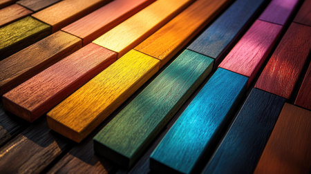 A vibrant arrangement of colorful wooden planks illuminated by sunlight, creating a visually appealing background with rich textures and dynamic colors.の素材