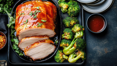 A beautifully plated roast pork dish, glazed with a savory barbecue sauce and accompanied by vibrant broccoli, making it a perfect feast for any occasion.の素材