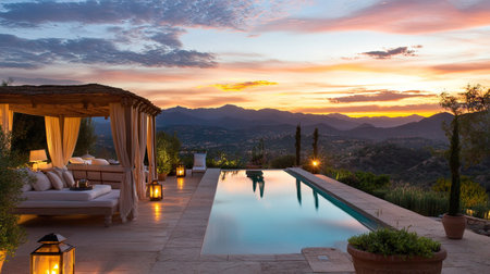 Experience the beauty of a luxurious pool at sunset, surrounded by mountains and lush greenery, perfect for relaxation and outdoor enjoyment.の素材