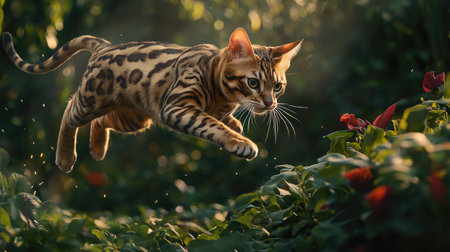 A beautiful Bengal cat leaps gracefully through lush greenery, capturing a moment of agility and playful energy in nature. Perfect for animal lovers.の素材