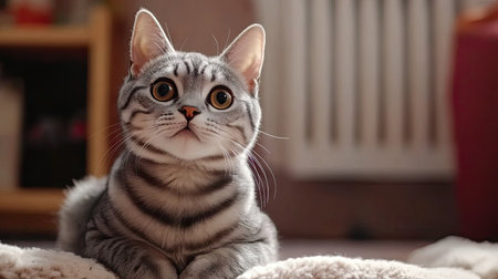 A captivating portrait of a grey American Shorthair cat with striking eyes. This adorable feline showcases its charming personality in a cozy indoor setting.の素材