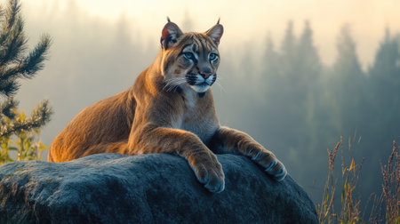 A majestic muscular cat gracefully rests on a rock in a serene natural setting. The animal exudes strength and beauty, surrounded by a tranquil forest backdrop.の素材