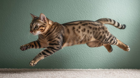 An impressive Bengal cat captured mid-air, showcasing its athletic prowess and unique spotted fur. This dynamic image highlights agility and energy in a playful indoor setting.の素材