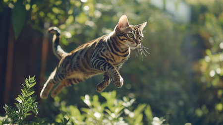 A beautiful Bengal cat captured mid-jump in a lush garden, showcasing its agility and playful nature against a vibrant, green backdrop.の素材