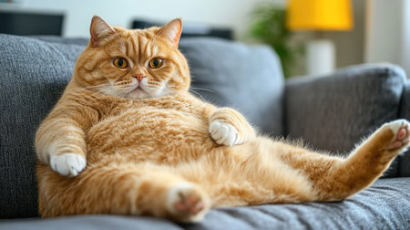 A charming chubby British Shorthair cat lounging comfortably on a couch. This adorable feline showcases a relaxed attitude, perfect for cozy home moments.の素材