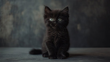 This adorable fluffy black munchkin kitten features short legs, large expressive eyes, and a playful demeanor, perfect for animal lovers and pet enthusiasts.の素材